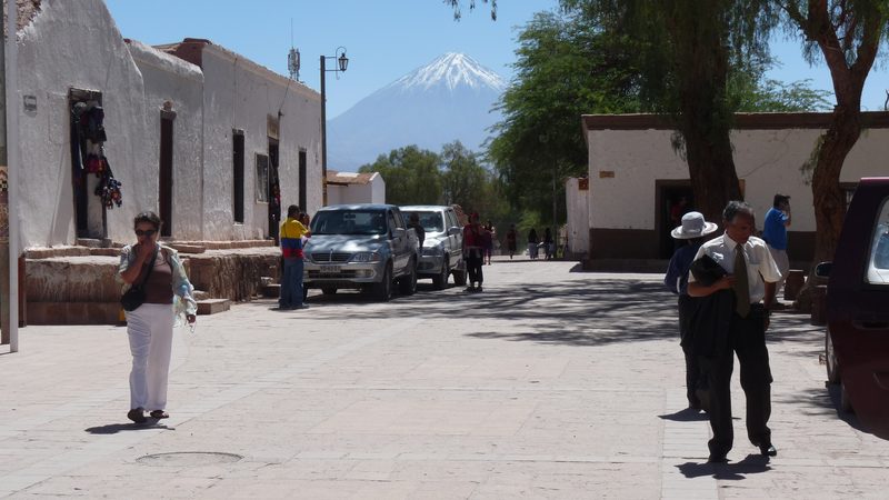 View from the Plaza de Armes (central square) of San Pedro de Atacama, Chile, of the volcano Licancabur.