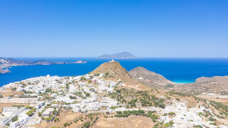Aerial view of Plaka on Milos Island, Greece