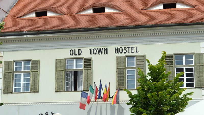 Close-up of the Old Town Hostel, Piața Mică 26, with eyebrow dormers, Sibiu, 2017